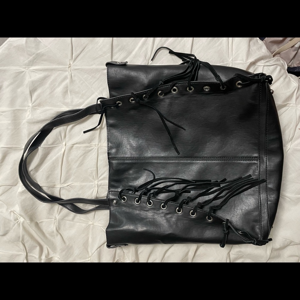 Inc. (Macys), leather tote, tassels on front, magnet close, inside removable bag